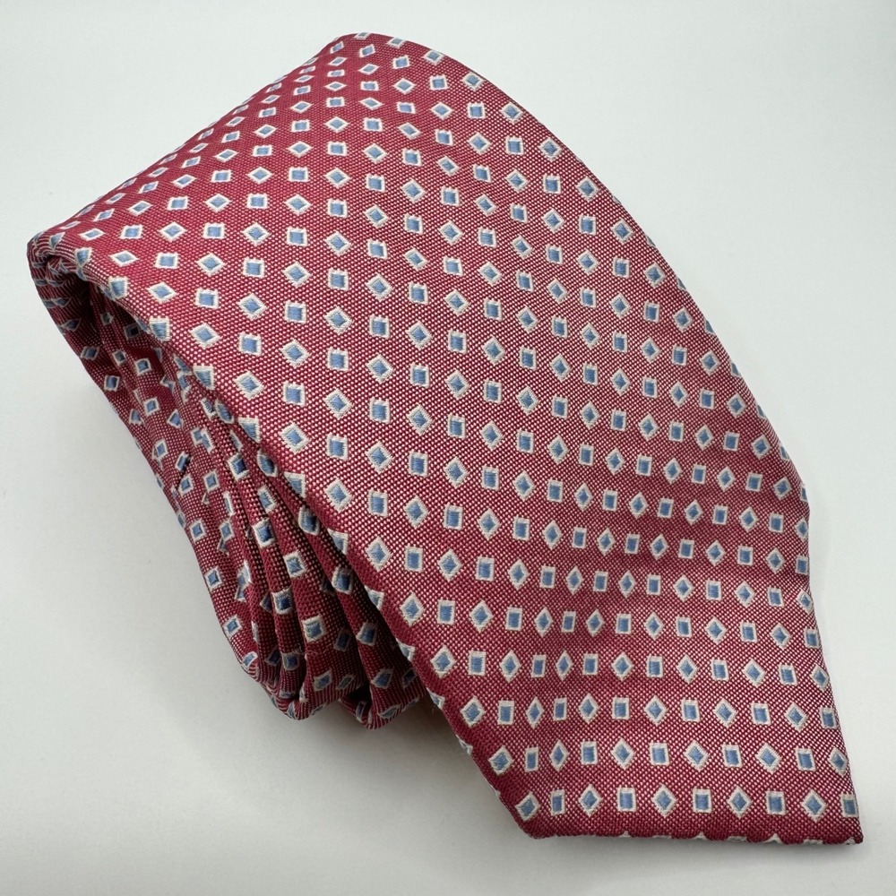 Breuer Mens Luxury Silk Tie Red Blue Geometric Diamond Pattern Handmade in Italy